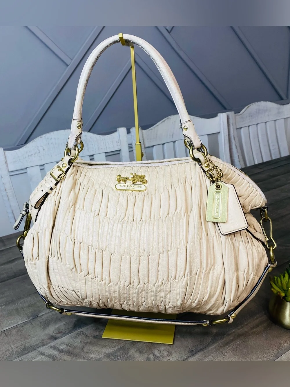 Coach Madison Gathered Leather Satchel Bag Off-White Cream Gold Hardware